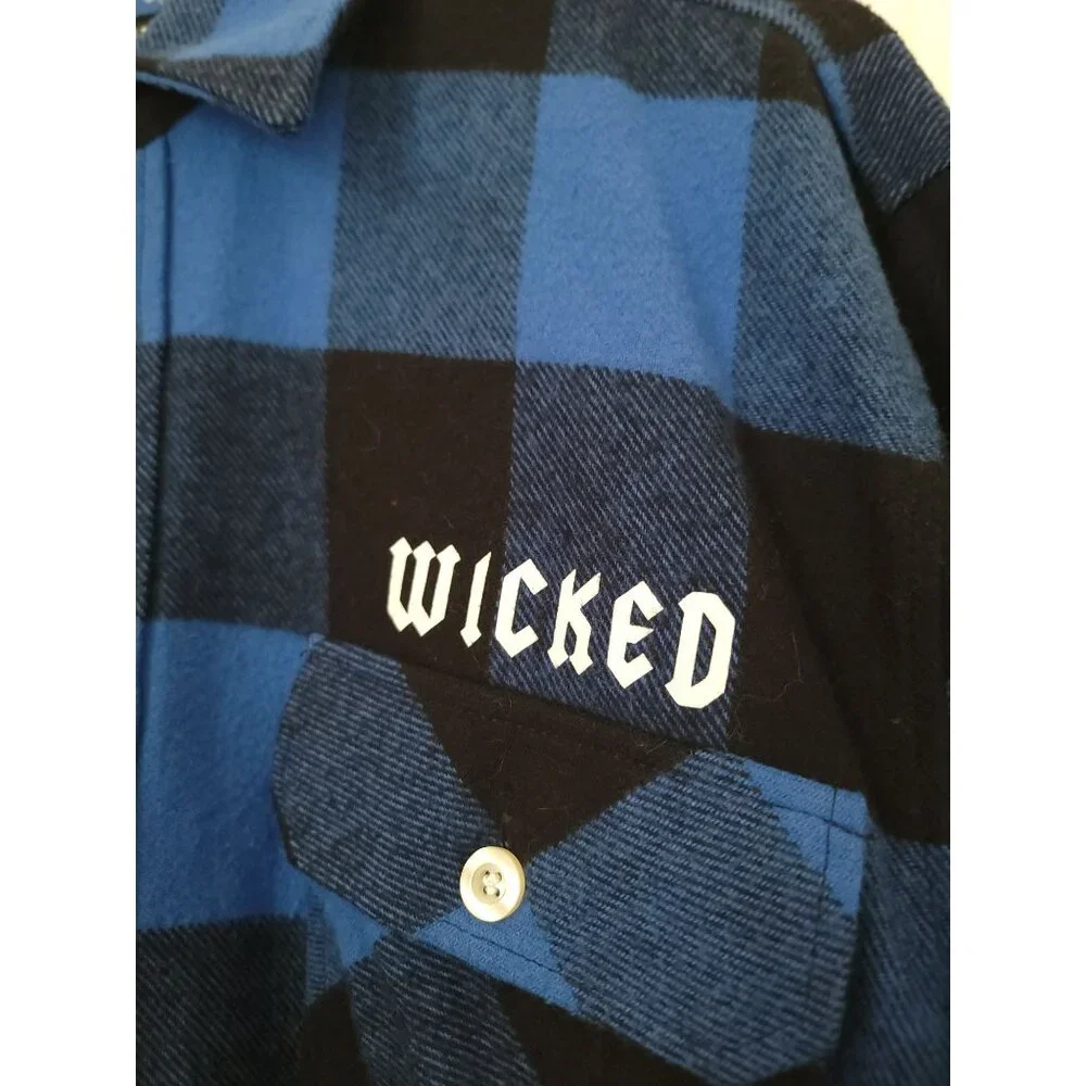 WICKED Clothing PUBLIC ENEMY Blue & Black Plaid Long Sleeve Shirt Men's Size M - Picture 5 of 7